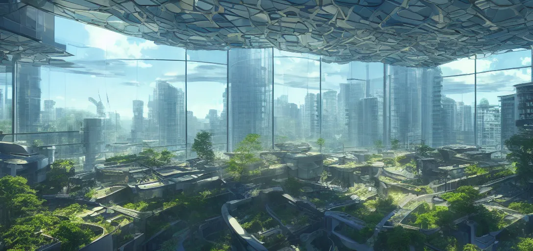 Image similar to view of a utopian solarpunk office building, blue clear skies, dappled light, cinematic lighting, ultra detailed, sharp, ambient occlusion, raytracing, 3 d artstation render by greg rutowski, finnian macmanus and jessica rossier