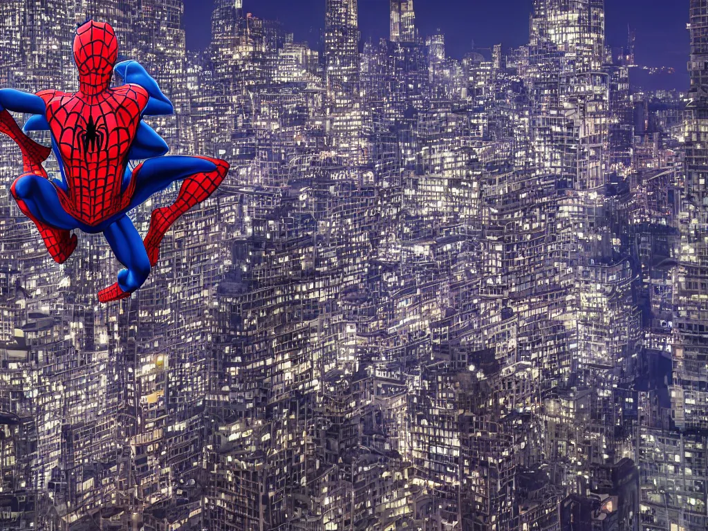Prompt: spiderman standing on the top of a building at night by andreas roch