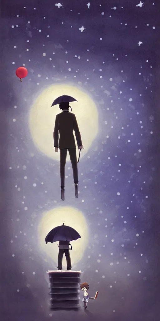 Image similar to a realistic cell - shaded studio ghibli concept art from paprika ( 2 0 0 6 ) of a man with an umbrella standing on a floating cube from close encounters of the third kind ( 1 9 7 7 ) on a misty starry night. very dull colors, hd, 4 k, hq