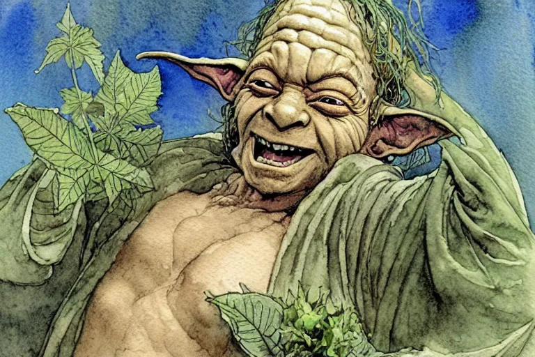 Image similar to a realistic and atmospheric watercolour fantasy character concept art portrait of yoda lying on his back laughing with a pot leaf nearby, by rebecca guay, michael kaluta, charles vess and jean moebius giraud