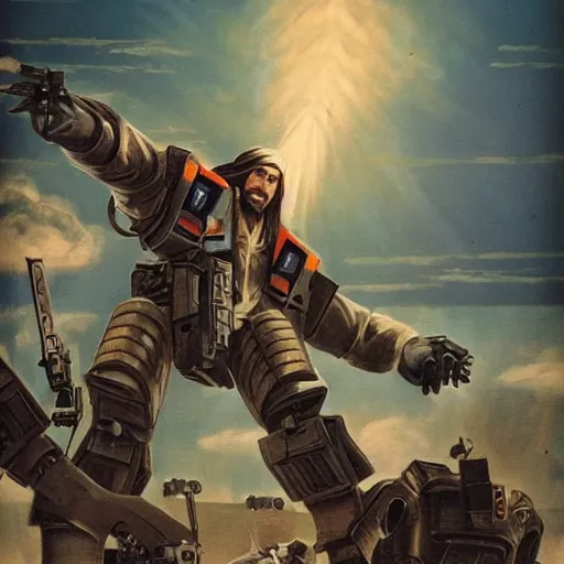 Image similar to Jesus in a mech suit fighting Hitler in a mech suit, photo