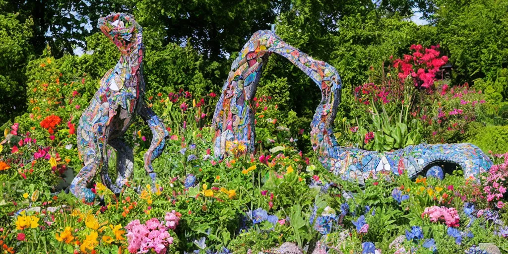 Image similar to folk art garden sculptures in an english cottage garden, cottagecore flower garden, concrete sculpture of a wyrm, colorful mosaic, sculpture by wouterina de raad!!!, art by james tellen, highly detailed, realistic anatomical proportions, textured hand built concrete sculpture, amazing concrete sculpture, 4 k