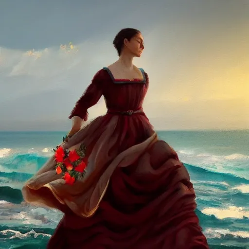 Prompt: a painting of a wonderful lady dressed with a large and decorate majestic roses cotton dress that is coming out from a ocean, dramatic light, octane--8k