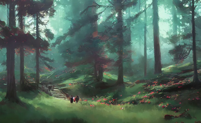 Prompt: dreamy magical forest by Atey Ghailan and Michael Garmash,