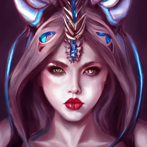 Image similar to portrait of demon queen with blue horns, anime girl, digital painting, devian art, trending on artstation, hd, 4 k