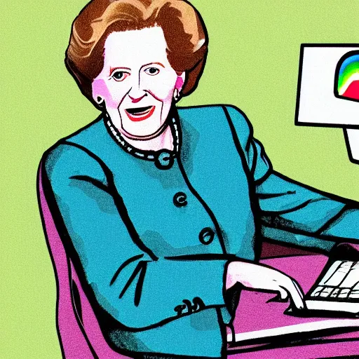 Prompt: wikihow illustration of having fun ( in a girly way ) by looking at photos of margaret thatcher on your laptop, as you sit on your couch in front of a rainbow tv static painting