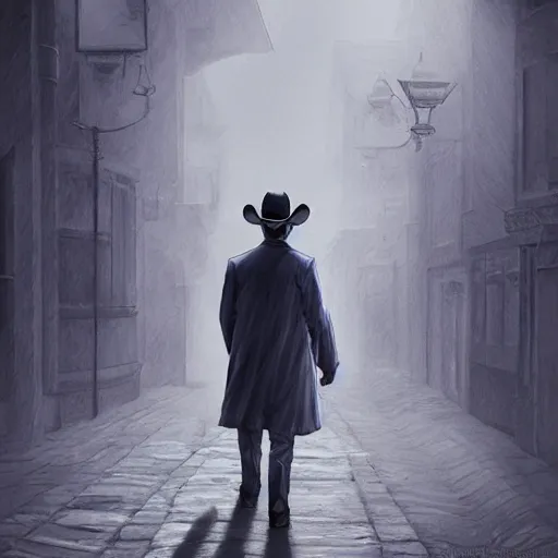 Prompt: a man with a long coat,grey hair and a cowboy hat walking in a western town, drawn by Shaddy Safadi, portrait, fantasy art, dramatic lighting, digital art, 8k, highly detailed