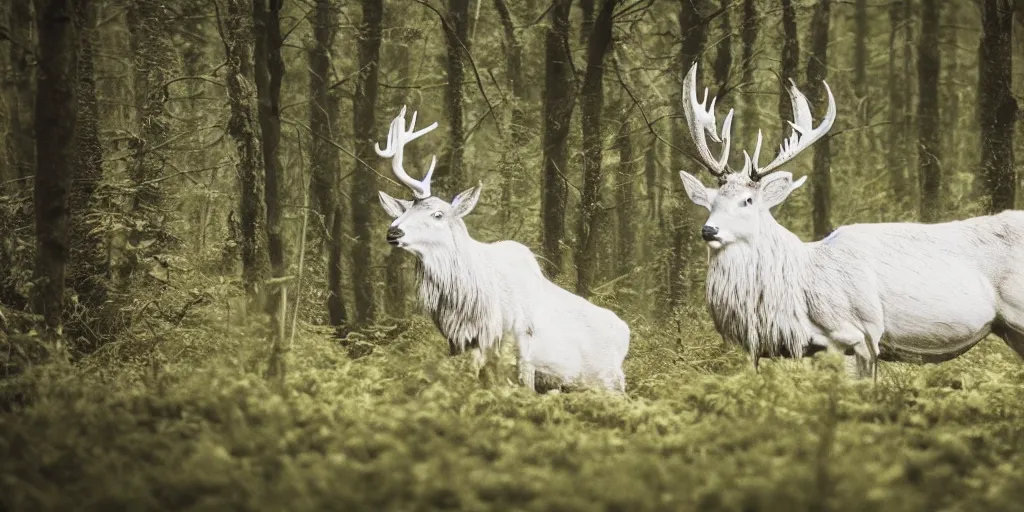 Image similar to king of the forest, a white stag, beautiful, fantasy, hyper realistic, dramatic lighting, cinematic, 35mm lens, 8k,