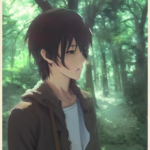 Image similar to anime character in the woods, hyperrealistic, trending on pixiv fanbox, painted by greg rutkowski makoto shinkai takashi takeuchi studio ghibli, akihiko yoshida