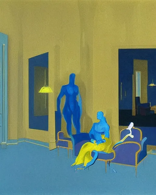 Prompt: blue people talking and a lonely dark figure seated on a throne with clouds at dark and yellow art deco interior room in the style of Francis Bacon, open ceiling, highly detailed, painted by Francis Bacon and Edward Hopper, painted by James Gilleard, surrealism, airbrush, art by James Jean