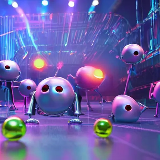 Image similar to promotional movie still wide - angle 3 0 m distance. nanorobots ( ( cat ) ) 1 million into the future ( 1 0 0 2 0 2 2 ad ). super cute and super deadly. nanorobots like disco music, disco balls, dance - off contests. dramatic lighting, cinematic lighting, octane 3 d. style saturday night fever ( film )