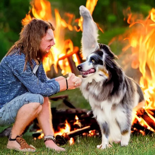 Image similar to picture of an australian shepherd with a hillbilly with long blonde hair around a bonfire