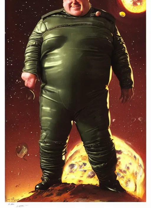 Image similar to upper body portrait of shaun ryder as baron harkonnen wearing a leather spacesuit floating in space and firing a retro ray gun, by tom lovell and dean cornwell and norman rockwell, photoreal, character concept art, artstation