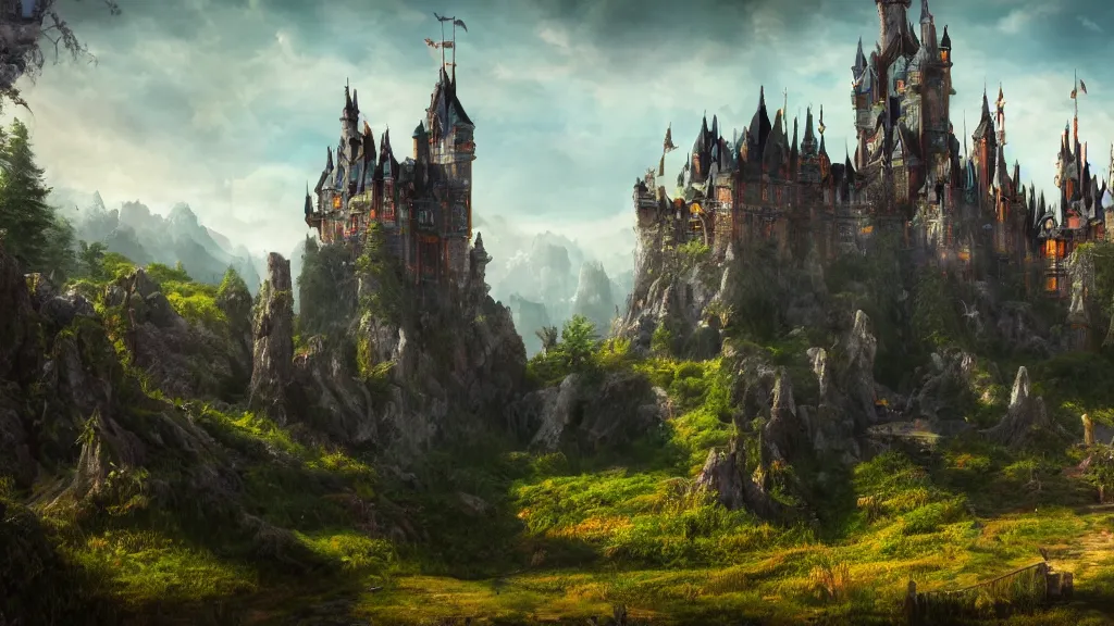 Image similar to fantasy castle, fantasy artwork, very very very beautiful scenery, hd, hdr, ue5, ue6, unreal engine 5, cinematic 4k wallpaper, 8k, ultra detailed, high resolution, artstation, award winning