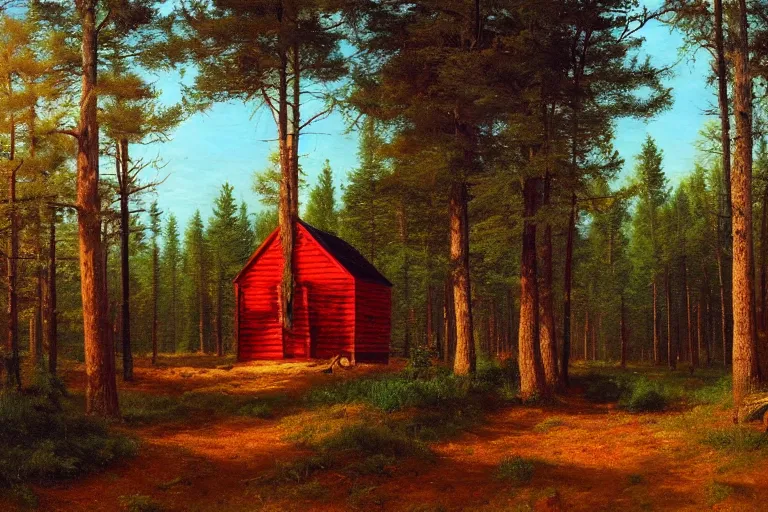 Image similar to small red wooden cabin in the distance in pine forest, very detailed, focused, oil painting, colorful, cinematic lighting, canvas, artstation, Albert Bierstadt, Sydney Mortimer Laurence