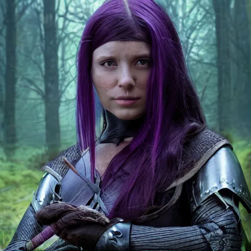 Image similar to anya charlota as a medieval fantasy wood elf, dark purple hair tucked behind ears, wearing a green tunic with a fur lined collar and leather armor, short, muscular build, scar across nose, one black, scaled arm, wielding a battleaxe, cinematic, character art, digital art, forest background, realistic.