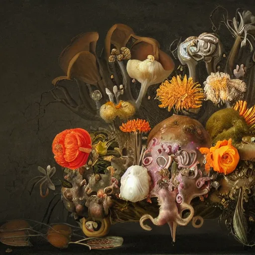 Image similar to disgusting disturbing dutch golden age bizarre mutant flower floral still life with many human toes very detailed fungus disturbing tendrils bizarre slimy forms sprouting up everywhere by rachel ruysch black background chiaroscuro dramatic lighting perfect composition high definition 8 k 1 0 8 0 p