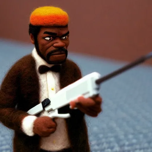 Prompt: needle felted Samuel L Jackson as Jules in Pulp Fiction (1994), highly detailed, tilt shift, cool, hyperrealism, highly textured, god rays