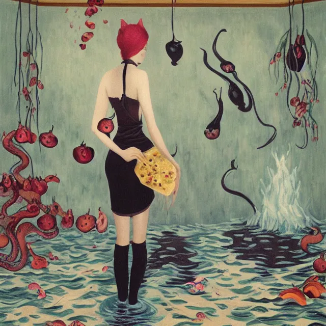 Prompt: tall female catgirl artist holding berry pancakes in her flooded apartment, pomegranates, octopus, water gushing from ceiling, painting of flood waters inside an artist's apartment, a river flooding indoors, mushrooms, ikebana, zen, rapids, waterfall, black swans, canoe, berries, acrylic on canvas, surrealist, by magritte and monet