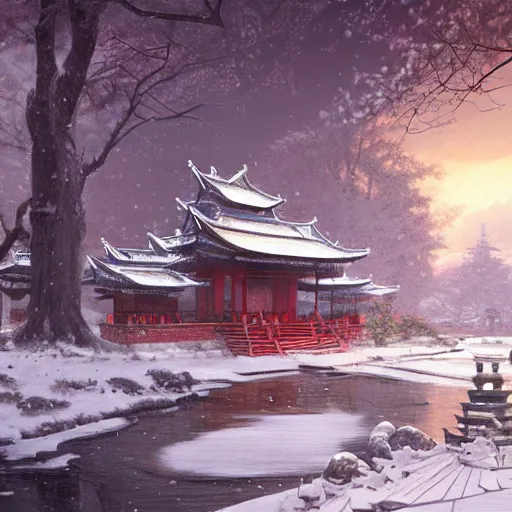 Prompt: asian temple in the snow, digital art, realistic, ultradetailed, concept art, art by greg rutkowski and thomas kinkade, trending on artstation, devianart, cgsociety