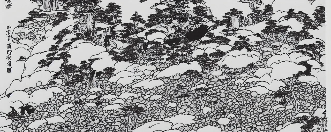 Prompt: very detailed meadow mountain landscape with a menhir in the foreground, samurai wearing armor, japanese flag, by masashi kishimoto, fine black ink