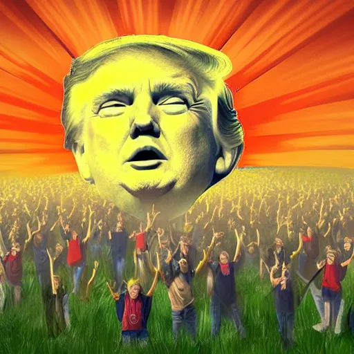 Image similar to donald trump as the sun looking over a field of screaming teenagers. digital painting, high detail, 8 k, film still