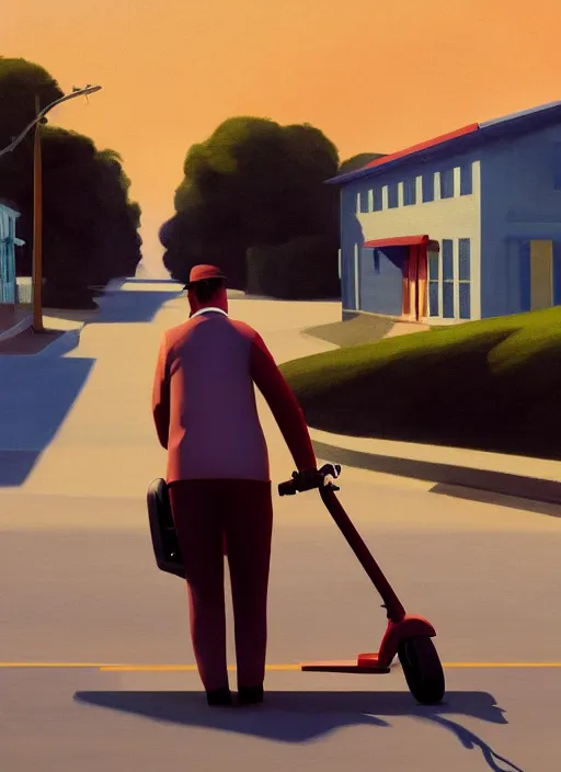 Image similar to A man rolling into the sunset on an electric scooter in a small town setting by Edward Hopper and James Gilleard, 8k, octane render, ultra sharp, detailed digital art