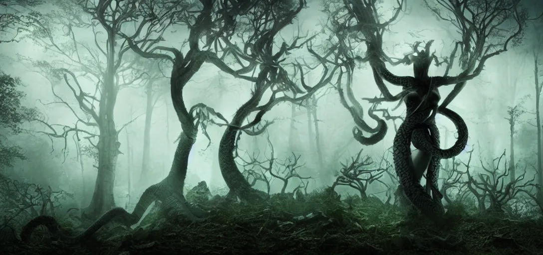 Prompt: a realistic photograph of a 6 armed serpent goddess + dark fantasy + nightime + ancient forest + dramatic lighting + fog