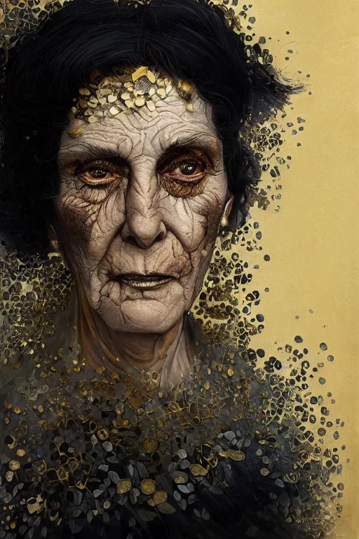 Prompt: portrait of hairy old woman with diluted aquarelle painted skin. close up. very dark black hair, shiny gold eyes. intricate dark flowers pattern on background, high detail, by Peter mohrbacher and Eddie Mendoza