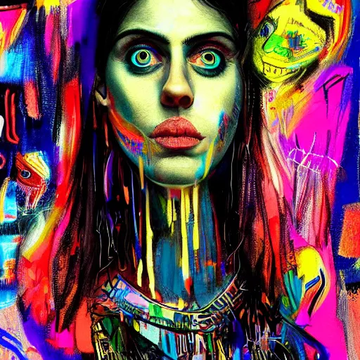 Prompt: a sketch, ultra detailed, colorful, mystical travel, magic, universe, beautiful woman, similar to alexandra daddario, surreal city, in style of jean - michel basquiat, trending on artstation