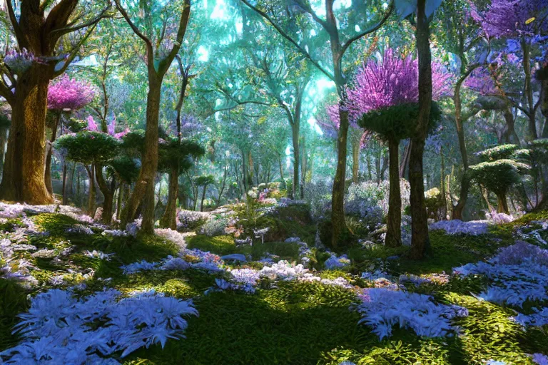 Image similar to crystal forest with gilded trees and jeweled flowers by unreal engine, photorealistic