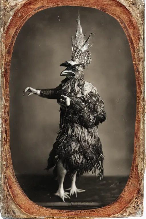 Image similar to a wet plate photo of an anthropomorphic rooster king, wearing a crown, wearing a robe