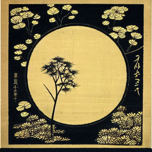 Prompt: symbolic japanese woodcut of a plant in a circle, the cycle of a plant from seed to bloom to decay