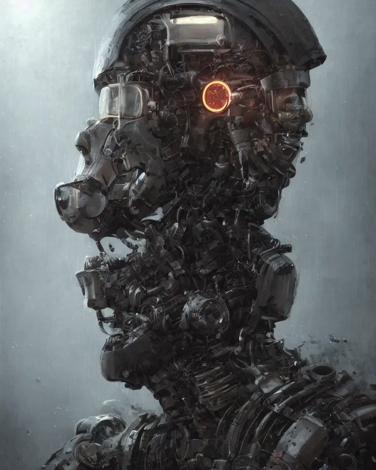 Image similar to a half - masked rugged laboratory engineer man with cybernetic enhancements as seen from a distance, scifi character portrait by greg rutkowski, esuthio, craig mullins, 1 / 4 headshot, cinematic lighting, dystopian scifi gear, gloomy, profile picture, mechanical, half robot, implants, steampunk