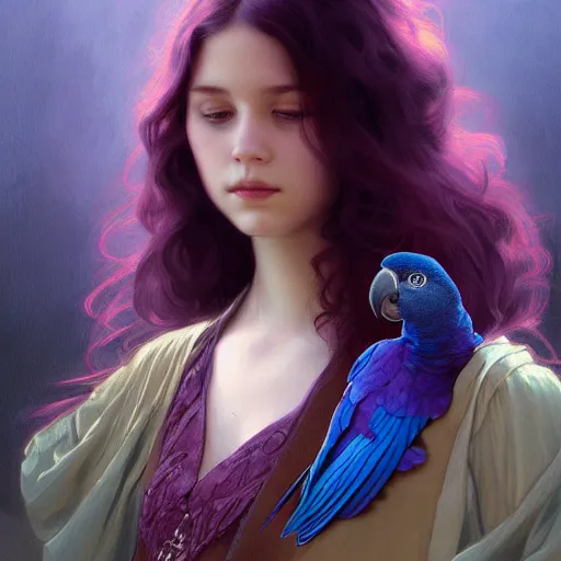 Prompt: portrait of a young girl with a dark purple parrot, upper body, long hair, intricate, elegant, highly detailed, digital painting, artstation, concept art, matte, sharp focus, illustration, art by artgerm and greg rutkowski and alphonse mucha