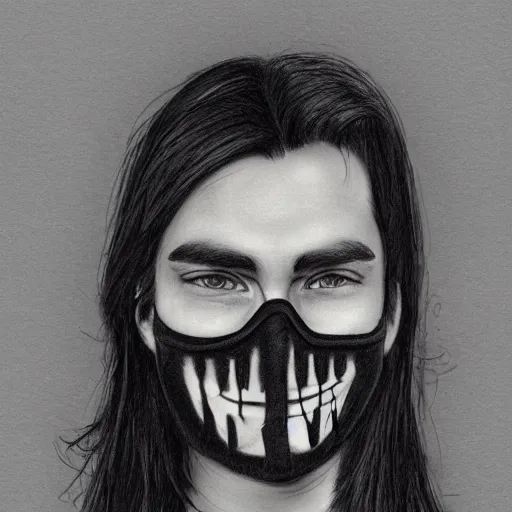 Image similar to professional pencil sketch of a young adult man with slightly long hair wearing a black face mask a black flannel shirt and black sweatpants, high quality, HD, 8K, highly detailed, award-winning