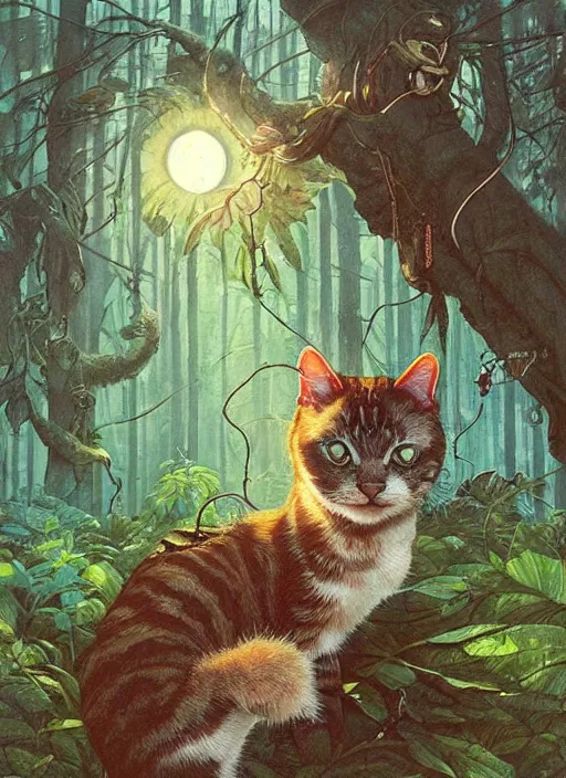 Image similar to a cat with happy lighting and technology jewelry in the woods gorgeous lighting, sunbeams blue sky, lush forest foliage painting by chiara bautista and beksinski and norman rockwell and greg rutkowski weta studio, and lucasfilm