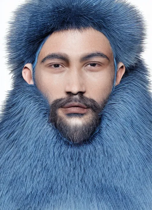 Image similar to a blue-skinned man wearing a fur coat, illustration, head shot, close up