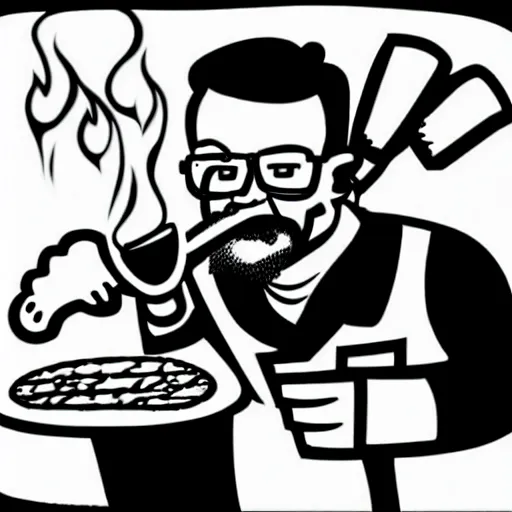 Image similar to black and white caricarture drawing of walter white cooking a pizza with a blowtorch