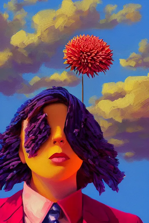 Image similar to closeup giant dahlia flower head, girl in a suit on a street, surreal photography, blue sky, sunrise, dramatic light, impressionist painting, digital painting, artstation, simon stalenhag