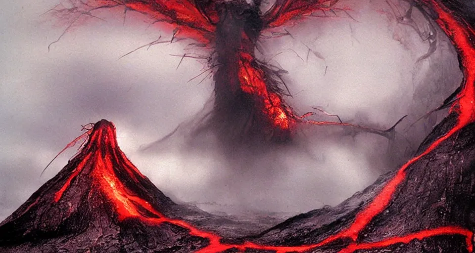 Prompt: a volcano made of ivory vines and crimson rocks enters in eruption, it spits a smoke in the shape of demonic eye, by Luis Royo,