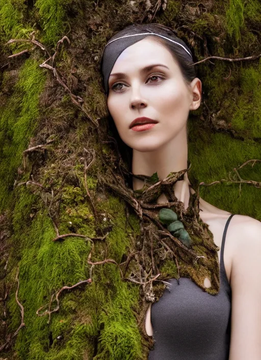 Prompt: a photo of a female model, organic headpiece, fern, vines, horn, moss, fashion photography, realistic, hyperdetails, dark grey backdrop studio, body covered in moss and tree bark texture