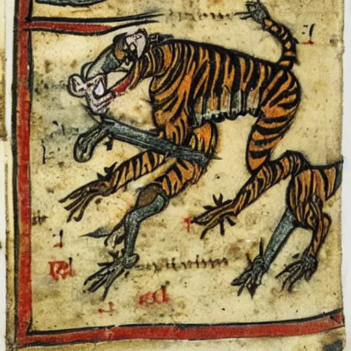 Image similar to tiger fire with many legs flying in a medieval manuscript, medieval manuscript, golden miniatures