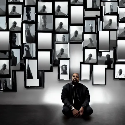 Prompt: photo of Kanye West sitting in a room with mirrors surrounding him