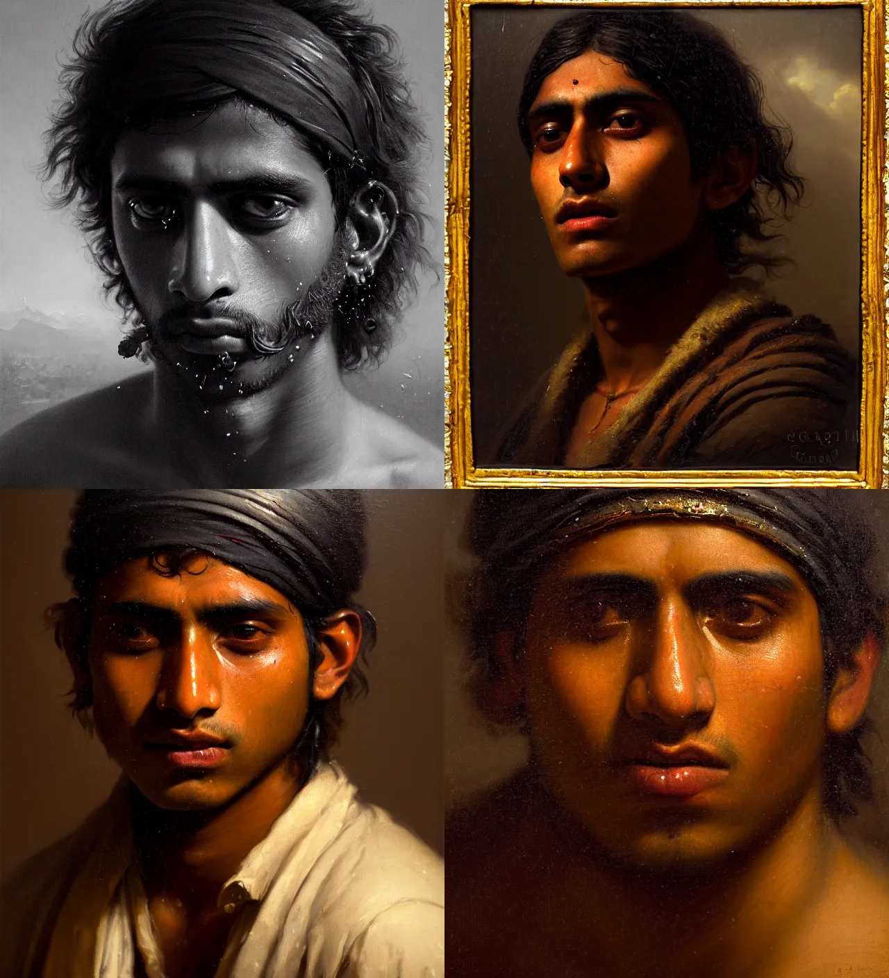 Prompt: a beautiful cinematic masterpiece classical headshot closeup portrait of a stoner indian boy, stoned, tripping, centered symmetrical, head only, by willem claesz. heda, by greg rutkowski, oil on canvas, ornate, suburban, brilliant lighting, smoke, chiaroscuro, detailed, no frames, 8 k