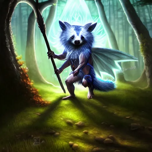 Prompt: Fairy Badger magus, Tzeentch, portrait, druid, nature, fairy, forest background, magic the gathering artwork, D&D, fantasy, cinematic lighting, centered, symmetrical, highly detailed, digital painting, artstation, concept art, smooth, sharp focus, illustration, volumetric lighting, epic Composition, 8k, art by Akihiko Yoshida and Greg Rutkowski and Craig Mullins, oil painting, cgsociety