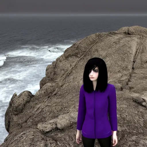 Image similar to 1 7 - year - old pale - skinned persian girl with black long bob cut, black gothic jacket, purple eyes, psychic girl, standing on cliff along the irish coast, overcast gray skies, ultra - realistic, sharp details, subsurface scattering, intricate details, cold lighting, highly detailed, photorealistic, octane render, 8 k unreal engine, art by artgerm