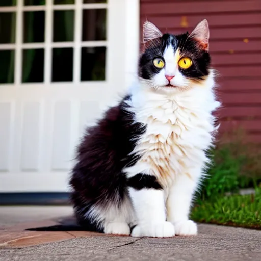 Image similar to a fluffy cute calico cat sitting on the corner of a front yard outside in the late afternoon on a beautiful summer day, sunset