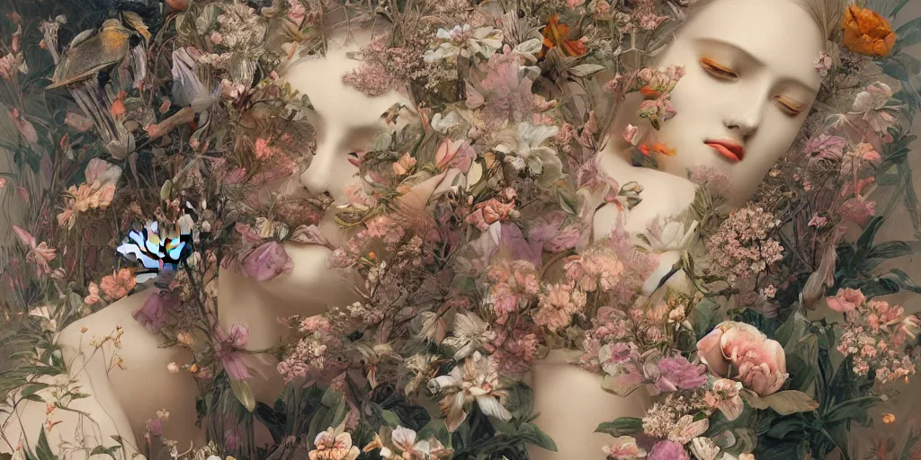 Prompt: breathtaking detailed concept art painting art deco pattern of blonde faces goddesses amalmation flowers and blend of flowers and birds, by hsiao - ron cheng and john james audubon, bizarre compositions, exquisite detail, extremely moody lighting, 8 k