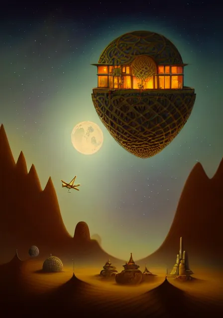 Image similar to a single building flying above a desert oasis in a moonlit night in the style of peter mohrbacher and jacek yerka, detailed, 8 k